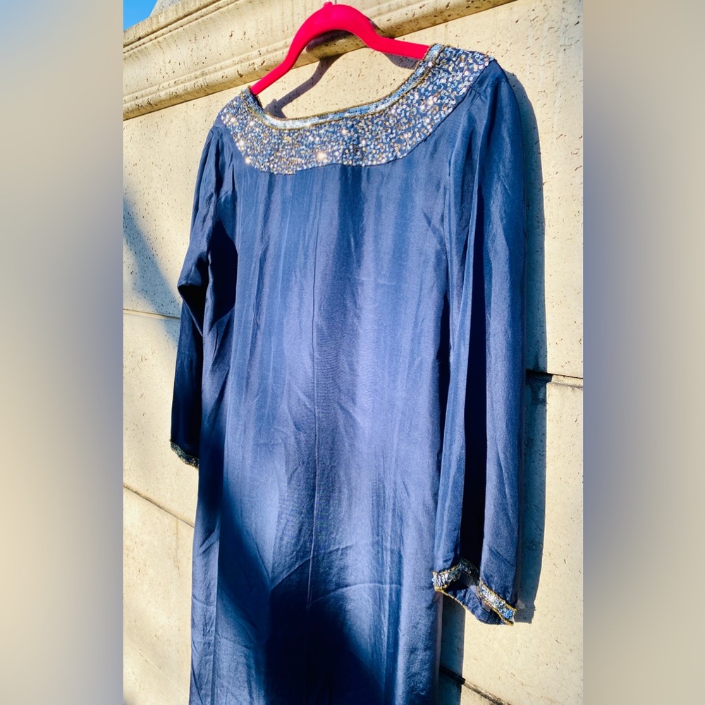 GRETCHEN SCOTT Silk Beaded Midi/Maxi Dress with Sash ✨ Starry Night Size M ✨ - Picture 12 of 16